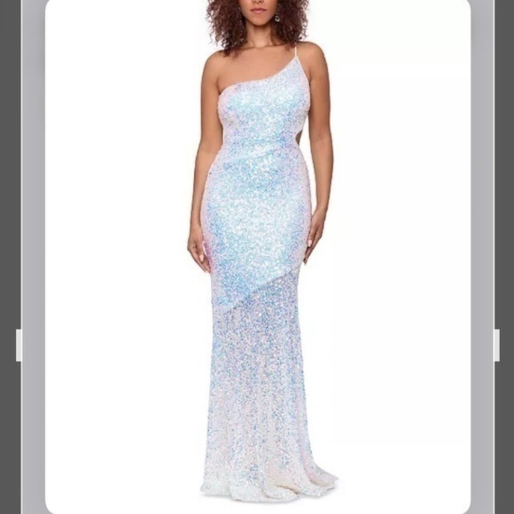BETSY & ADAM Shimmering Sequinned One-Shoulder Mermaid Cutout Gown in White